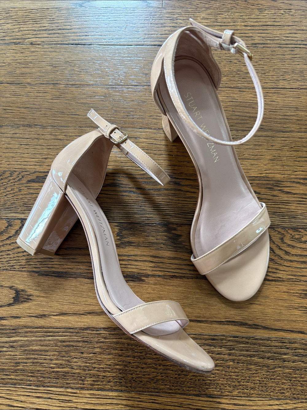 Stuart Weitzman Nudistcurve nude Patent Block Heel Sandals, 8